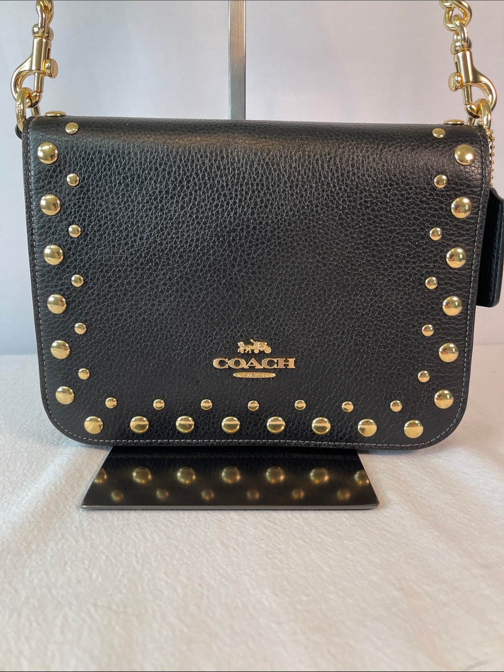 Coach M2481-CAK01 Quinn Bag With Rivets Black Pebbled Leather Chain Crossbody